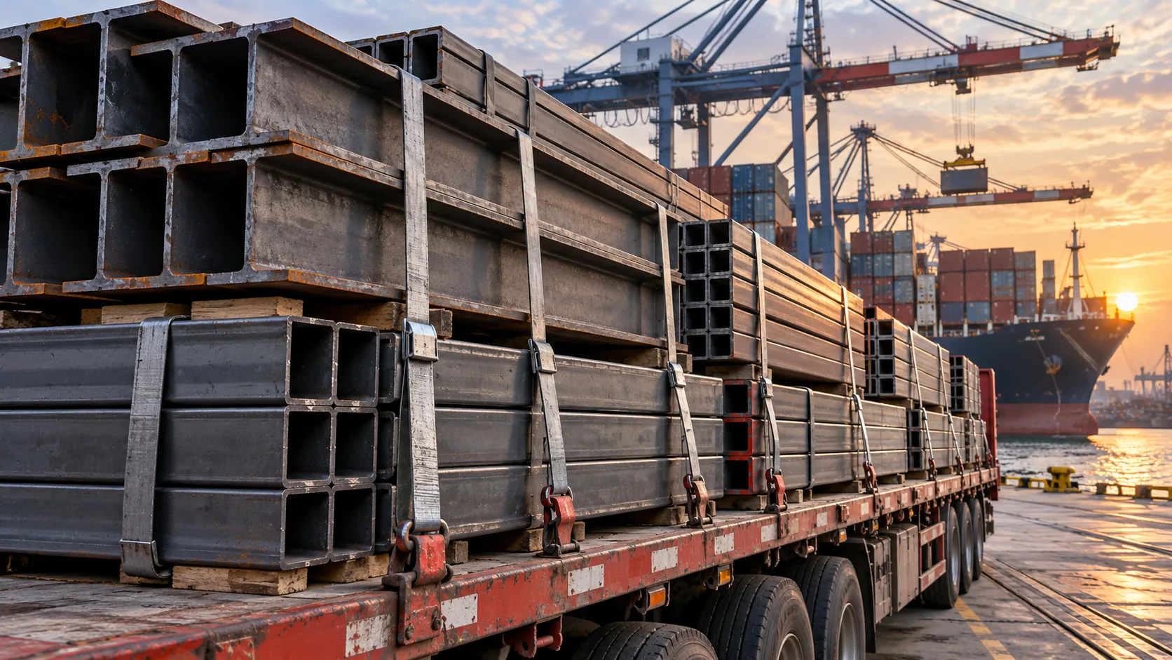 Steel beams secured for port delivery