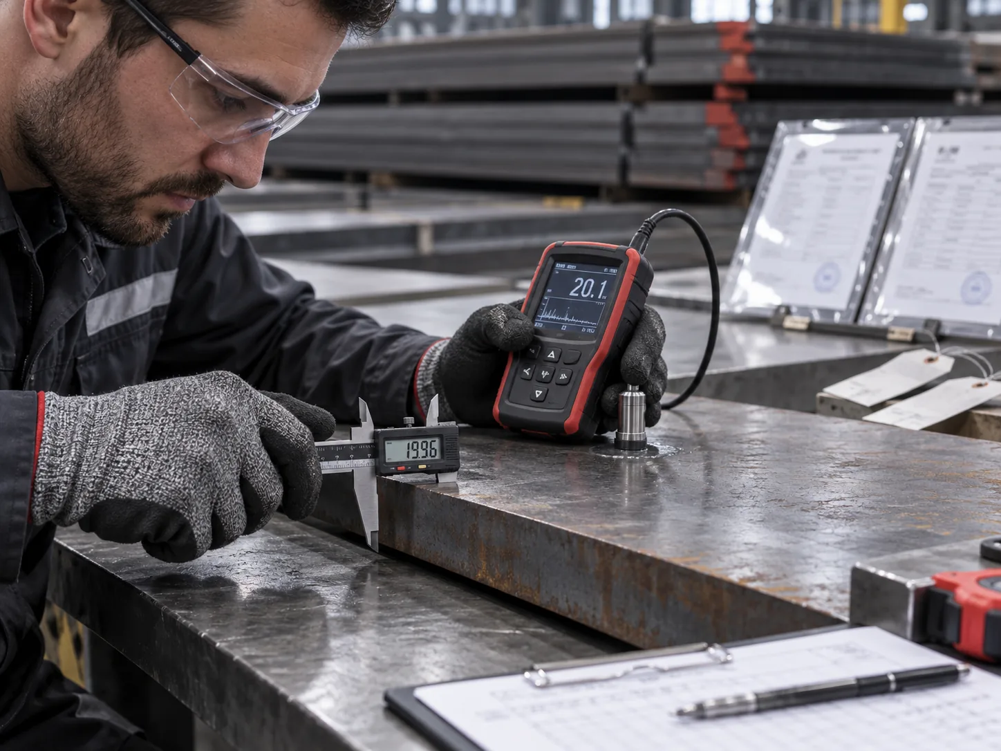 Quality technician measuring steel plate thickness